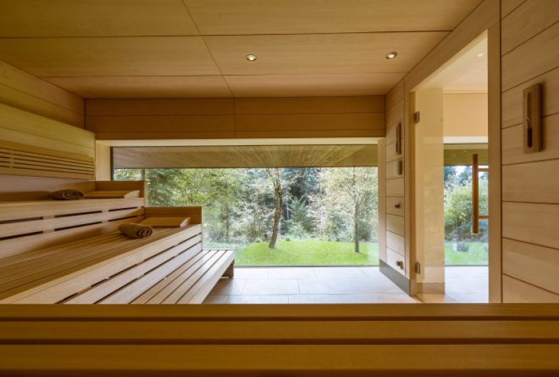 Eine moderne Sauna mit Panoramablick in die Natur, ideal für Entspannung im Day Spa am Bodensee