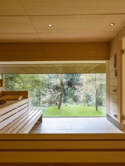 Eine moderne Sauna mit Panoramablick in die Natur, ideal für Entspannung im Day Spa am Bodensee