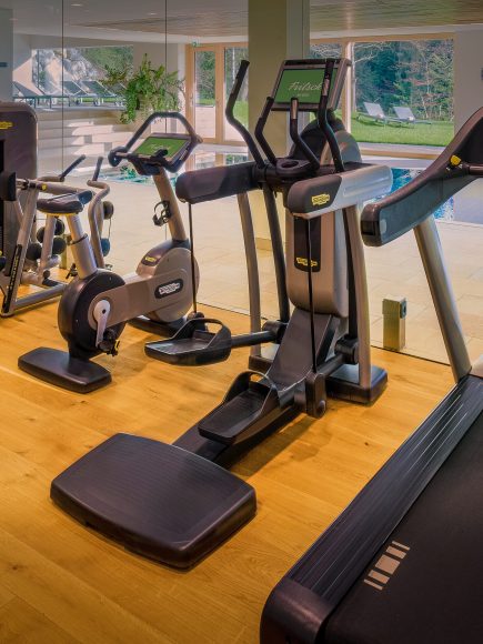 Helle, moderne Fitnessgeräte in einem Raum mit Blick auf den Pool und die grüne Natur in einem Wellnesshotel in Bregenz