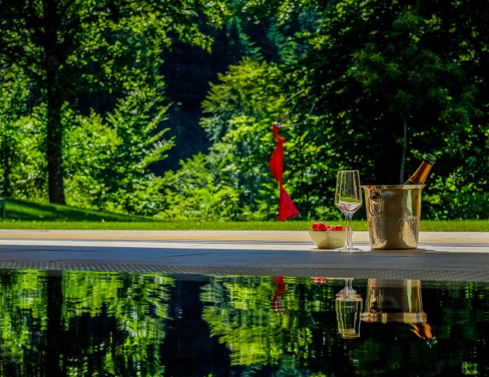 Ein Glas Wein und eine Schale mit Beeren stehen am Rand eines Pools mit Blick auf einen grünen Garten in einem Wellnesshotel in Bregenz
