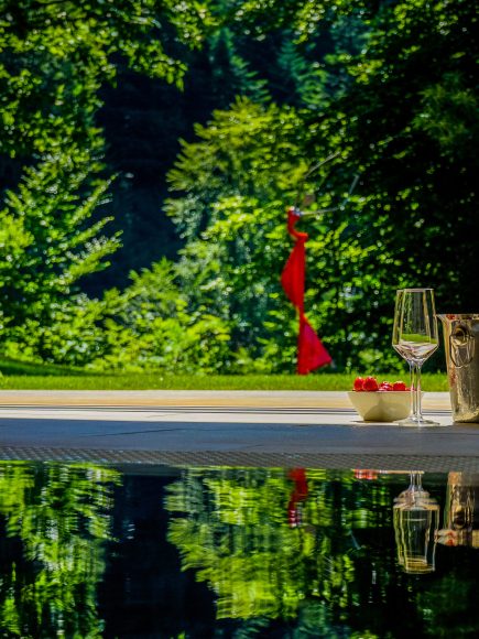 Ein Glas Wein und eine Schale mit Beeren stehen am Rand eines Pools mit Blick auf einen grünen Garten in einem Wellnesshotel in Bregenz